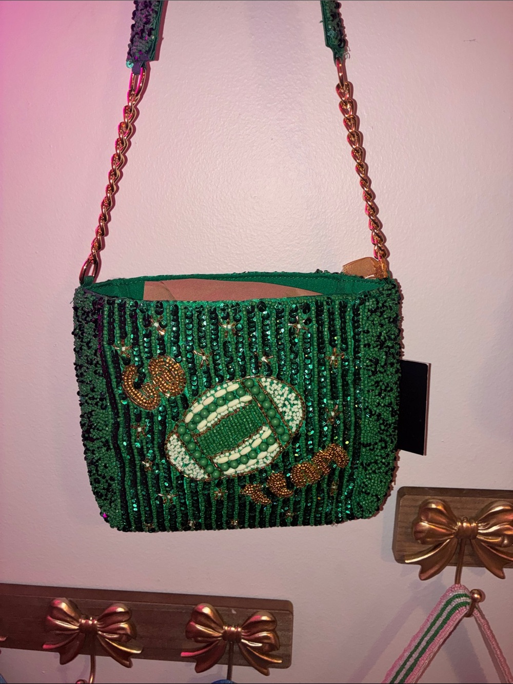 Embellished Green GO TEAM football Beaded Shoulder Bag with Chain Strap